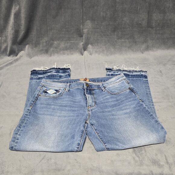 Driftwood Jeans Women's 29 Collette Straight Crop Blue Embroidered Stretch Denim - Picture 2 of 12